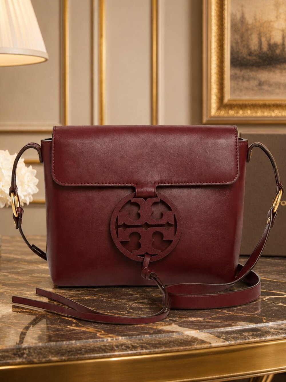 Tory Burch Miller Logo Leather Crossbody Bag in Cabernet